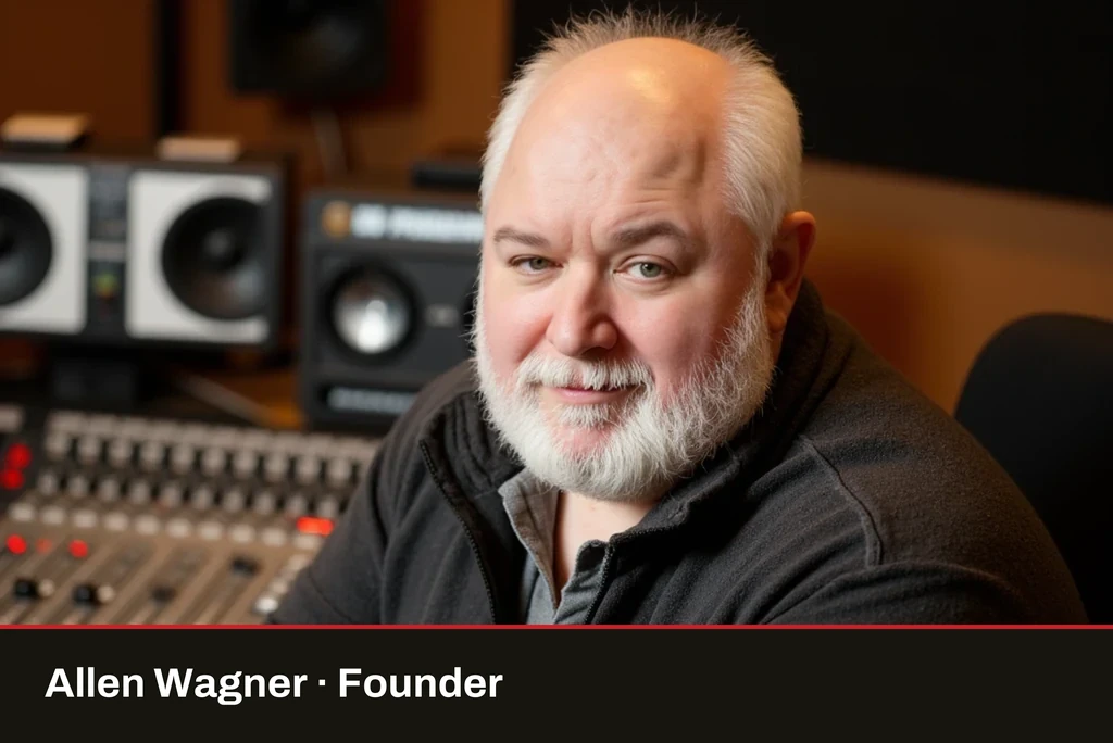 The MegaVoxx founder at a recording studio mixing desk.