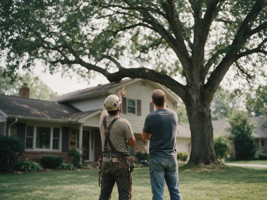An arborist pointing up into a large tree beside a house, walking a homeowner through the work before quoting it.