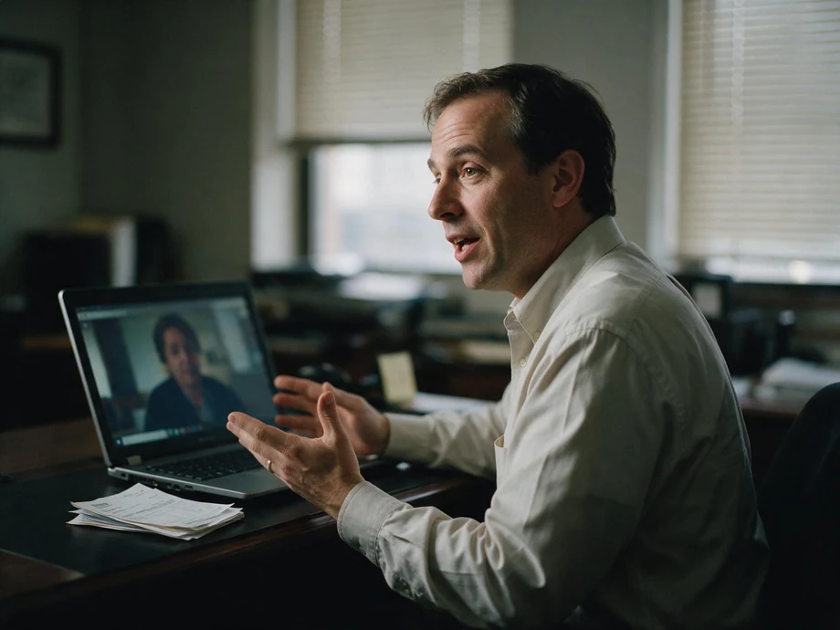 A bankruptcy attorney on a video consultation, statements on the desk beside the laptop.
