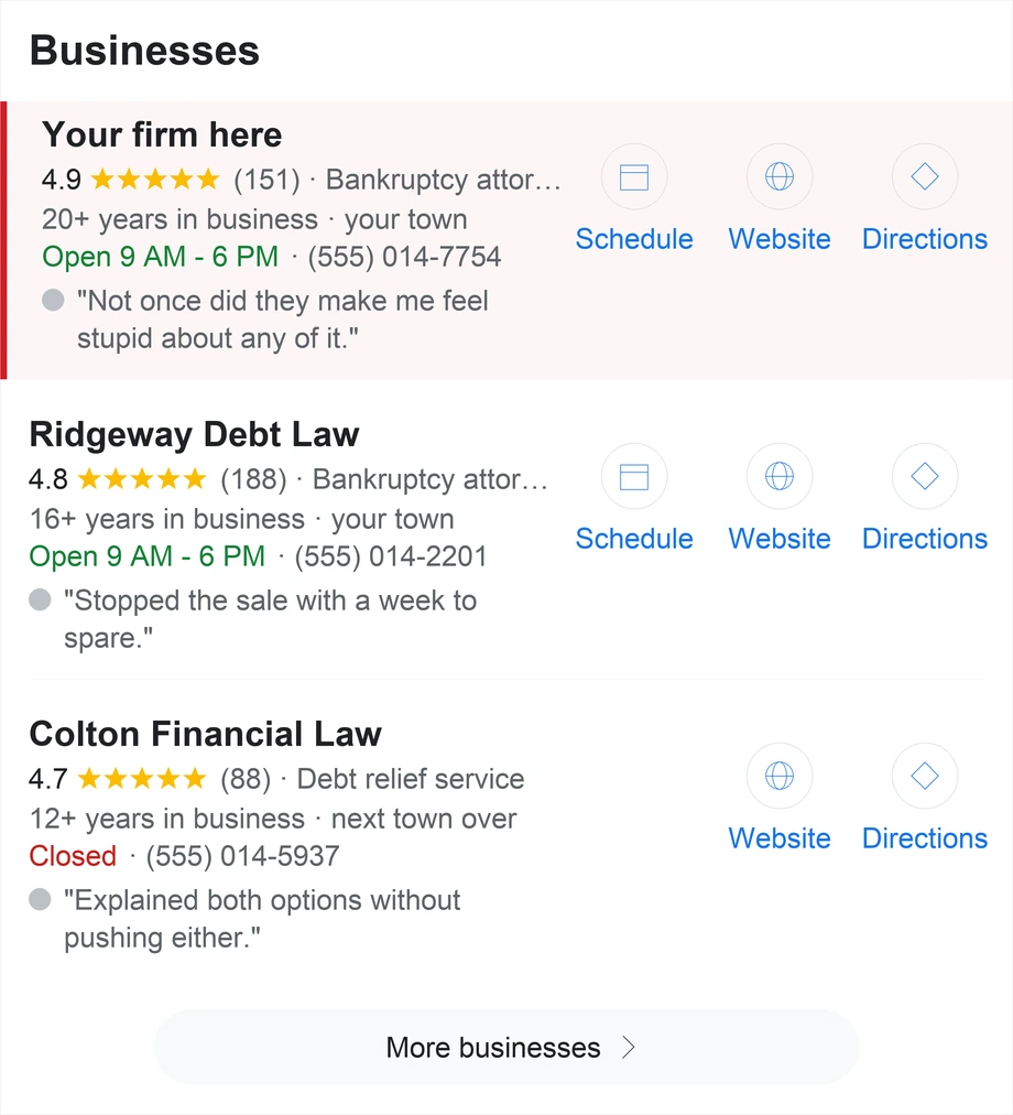 A local map pack for bankruptcy attorneys near me listing three firms with ratings, hours and phone numbers. The top slot is the reader's own firm.