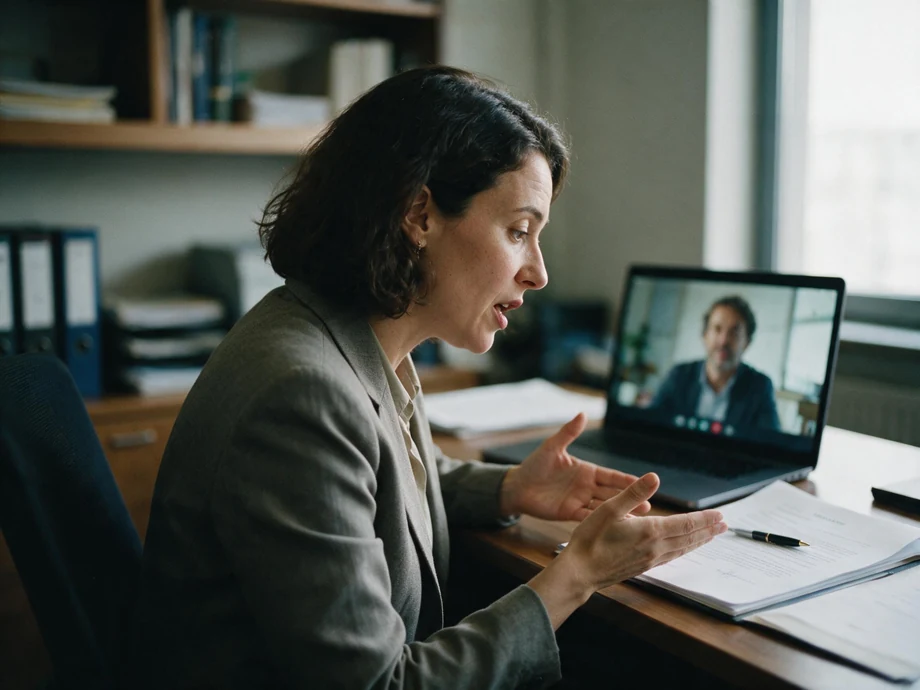 A business attorney on a video consultation with a client, a contract open on the desk beside her.