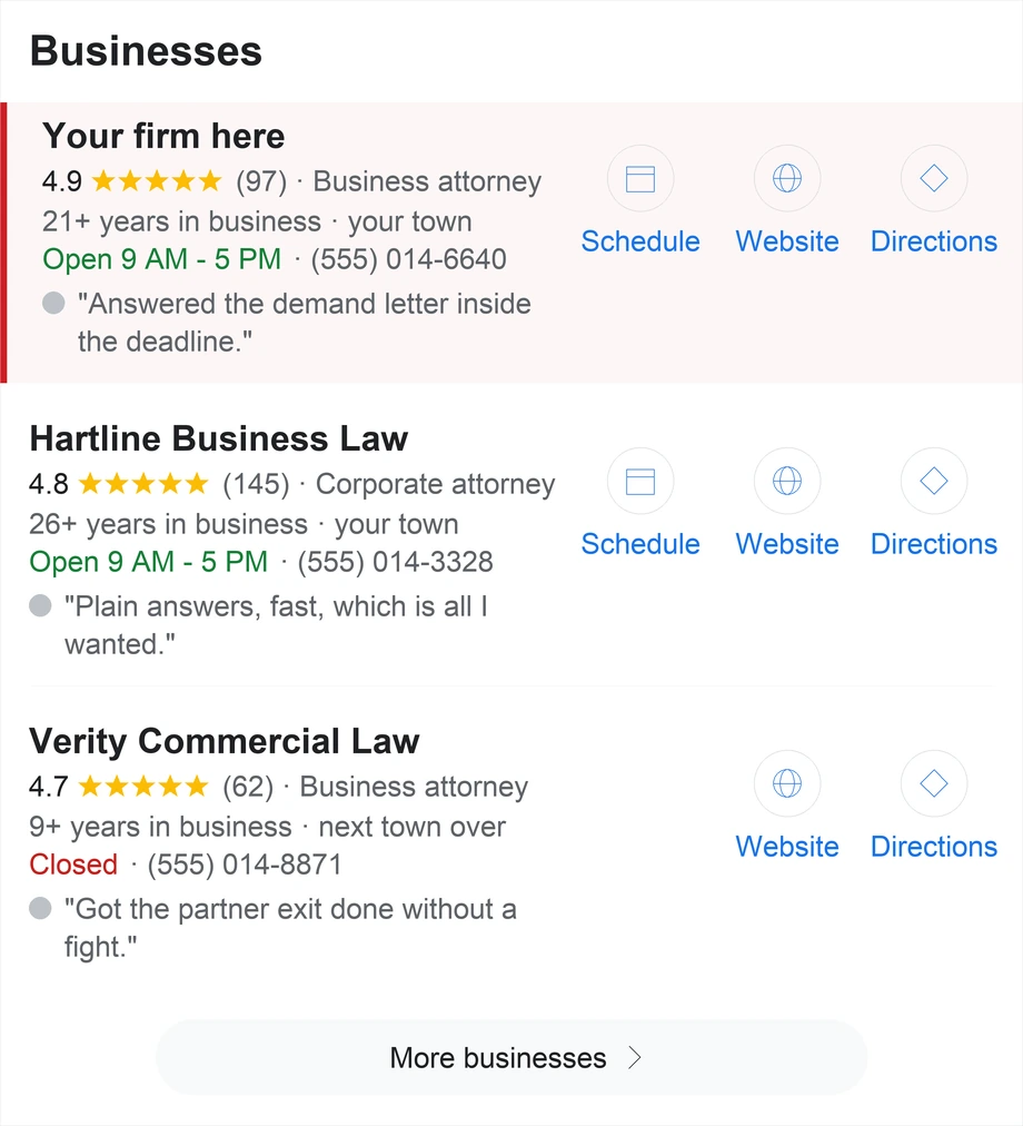 A local map pack for business attorneys near me listing three firms with ratings, hours and phone numbers. The top slot is the reader's own firm.