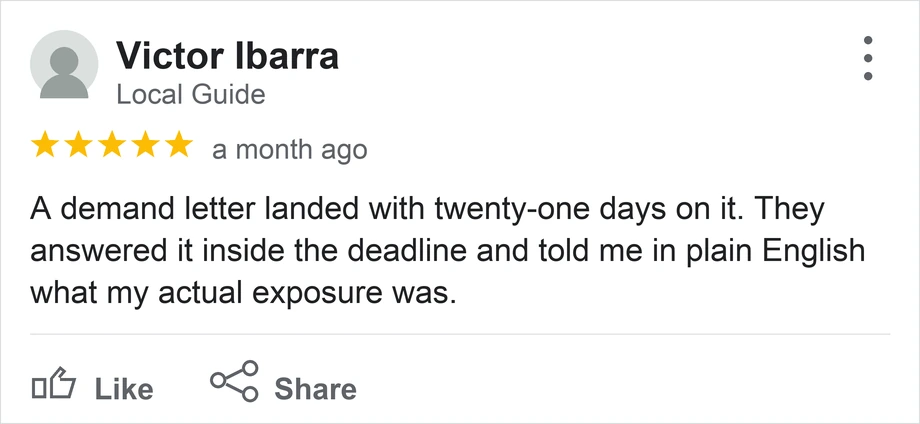 A client review of a business law firm showing five stars and a note about fast, plain answers.