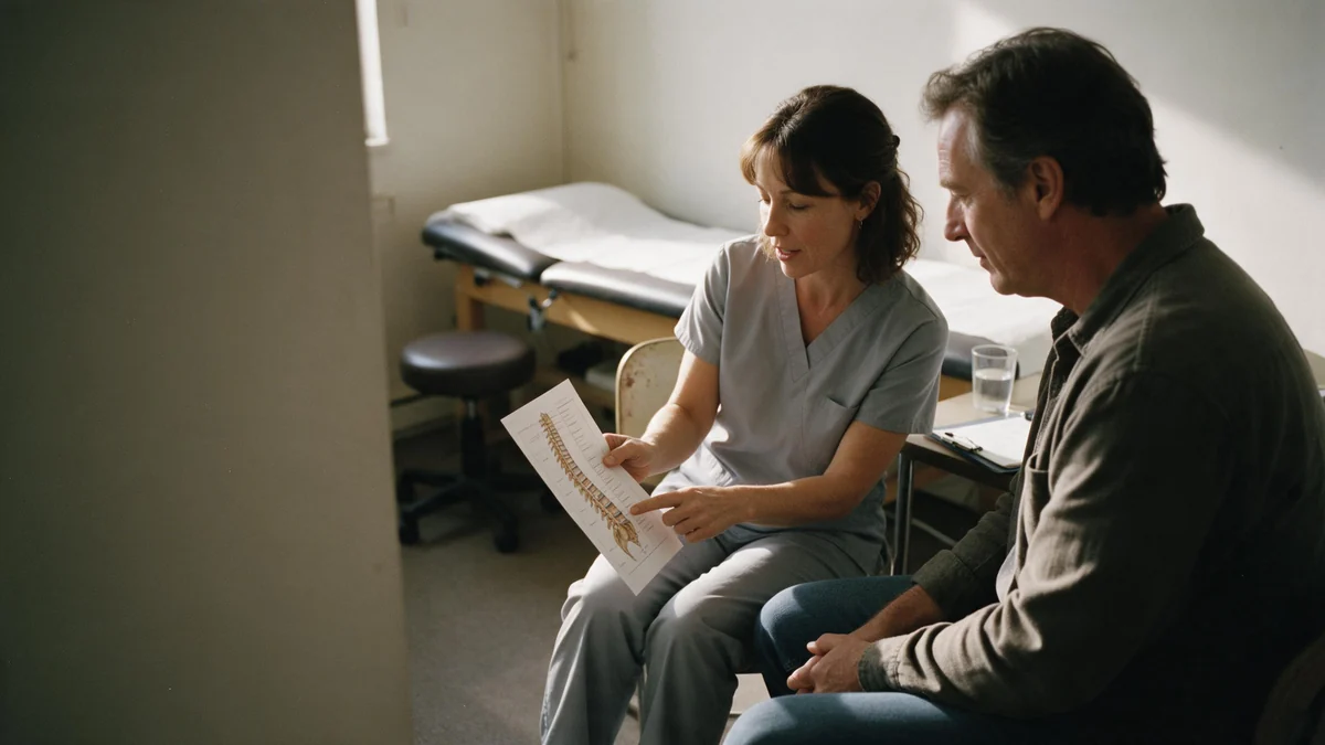 A chiropractor explaining a treatment plan to a patient using a spine diagram, in a consultation room at her practice.