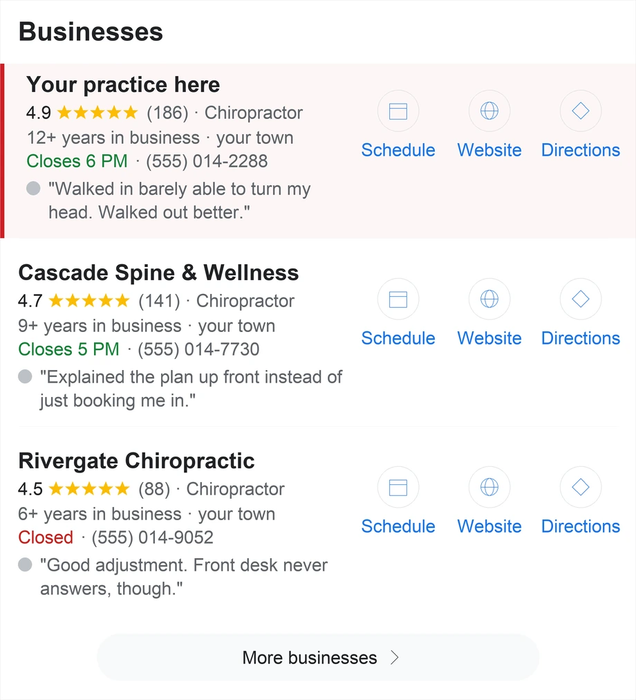 Google map pack listing for chiropractor near me, showing three chiropractic practices with ratings, review counts, hours and phone numbers.