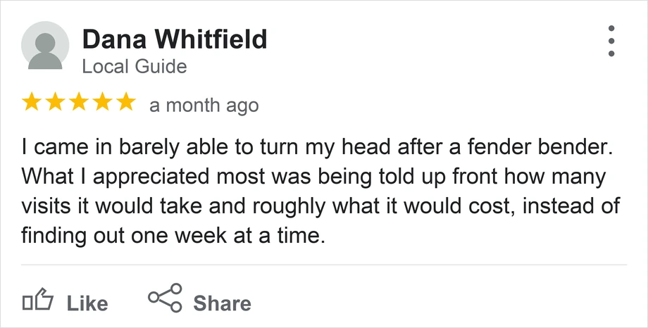Example Google review for a chiropractic practice, from a patient who valued being told up front how many visits the treatment plan would take.