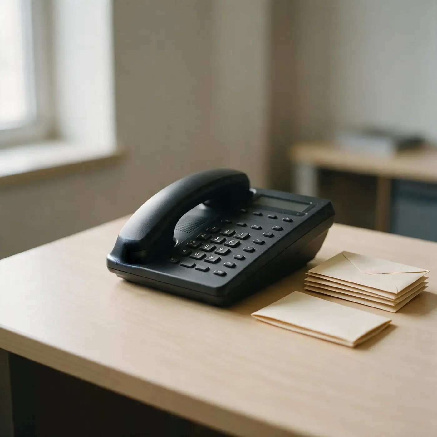 A desk phone beside a small pile of unopened mail: ringless voicemail and direct mail, the two slower halves of direct outreach.