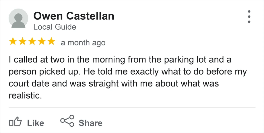 A client review of a DUI attorney showing five stars and a note about somebody answering the phone at night.
