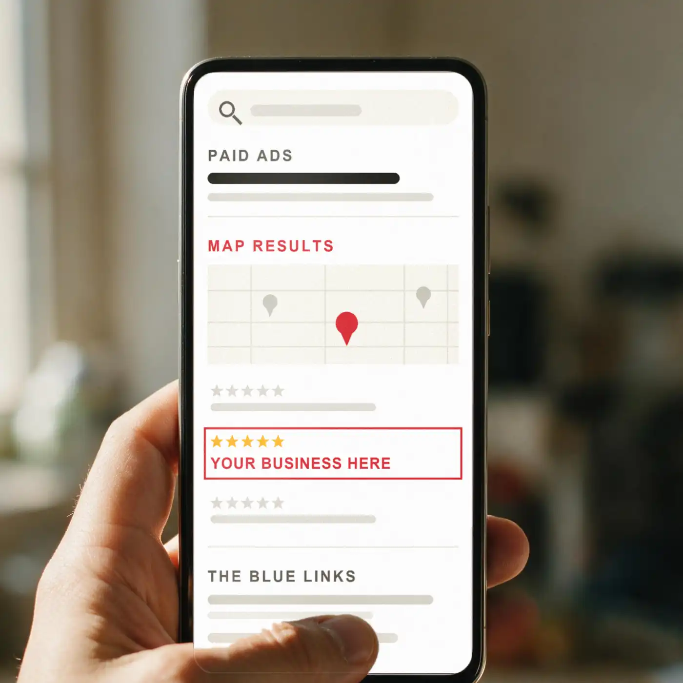 A hand holding a phone showing one set of local search results: a paid ad at the top, then map results with three listings and one marked YOUR BUSINESS HERE, then the ordinary blue links at the bottom