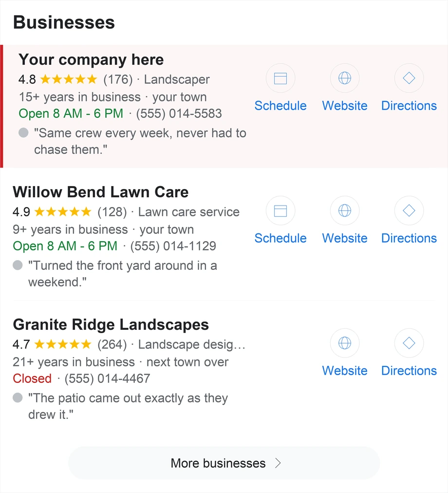 A search result for landscaping near me showing three companies, with the top slot marked in red as your company here.