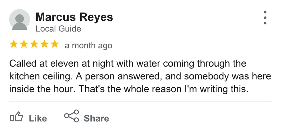A customer review of a plumbing company showing five stars and a note about somebody answering at night.