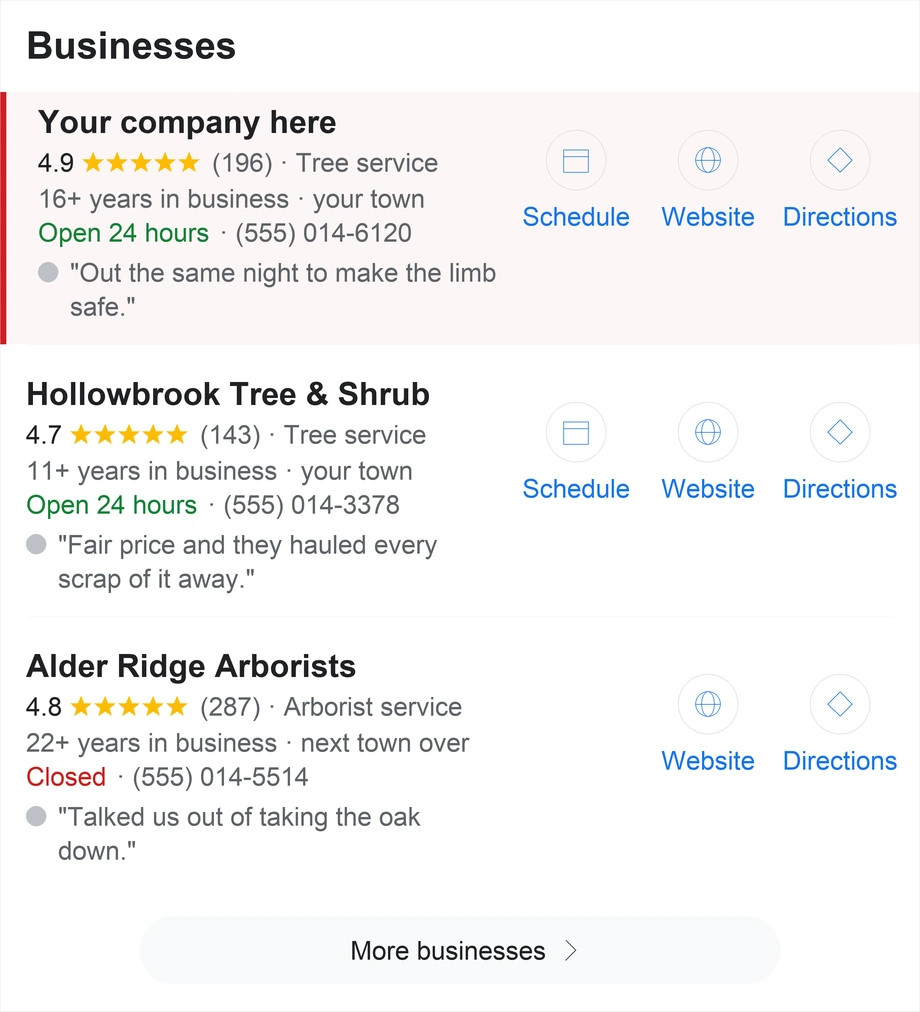 A search result for tree service near me showing three companies with star ratings, the top one marked as your company here.