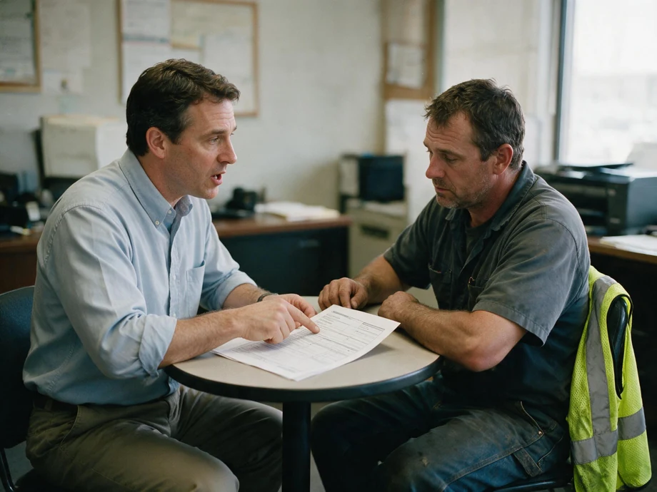 A workers compensation attorney going through a claim form with an injured client still in work clothes.