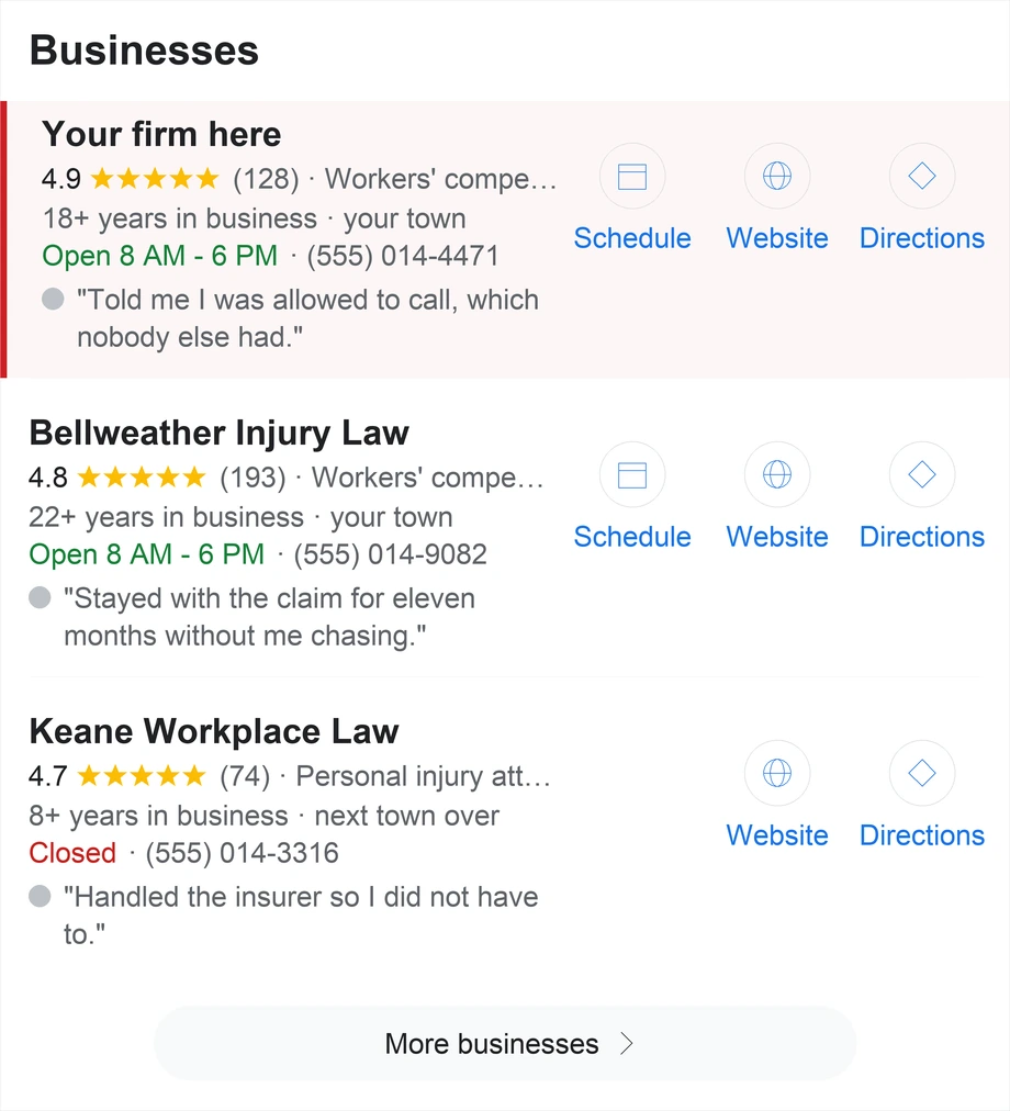 A local map pack for workers compensation attorneys near me listing three firms with ratings, hours and phone numbers. The top slot is the reader's own firm.