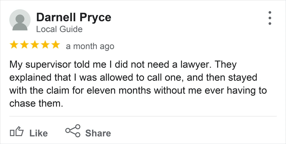 A client review of a workers compensation firm showing five stars and a note about the firm staying in touch throughout.